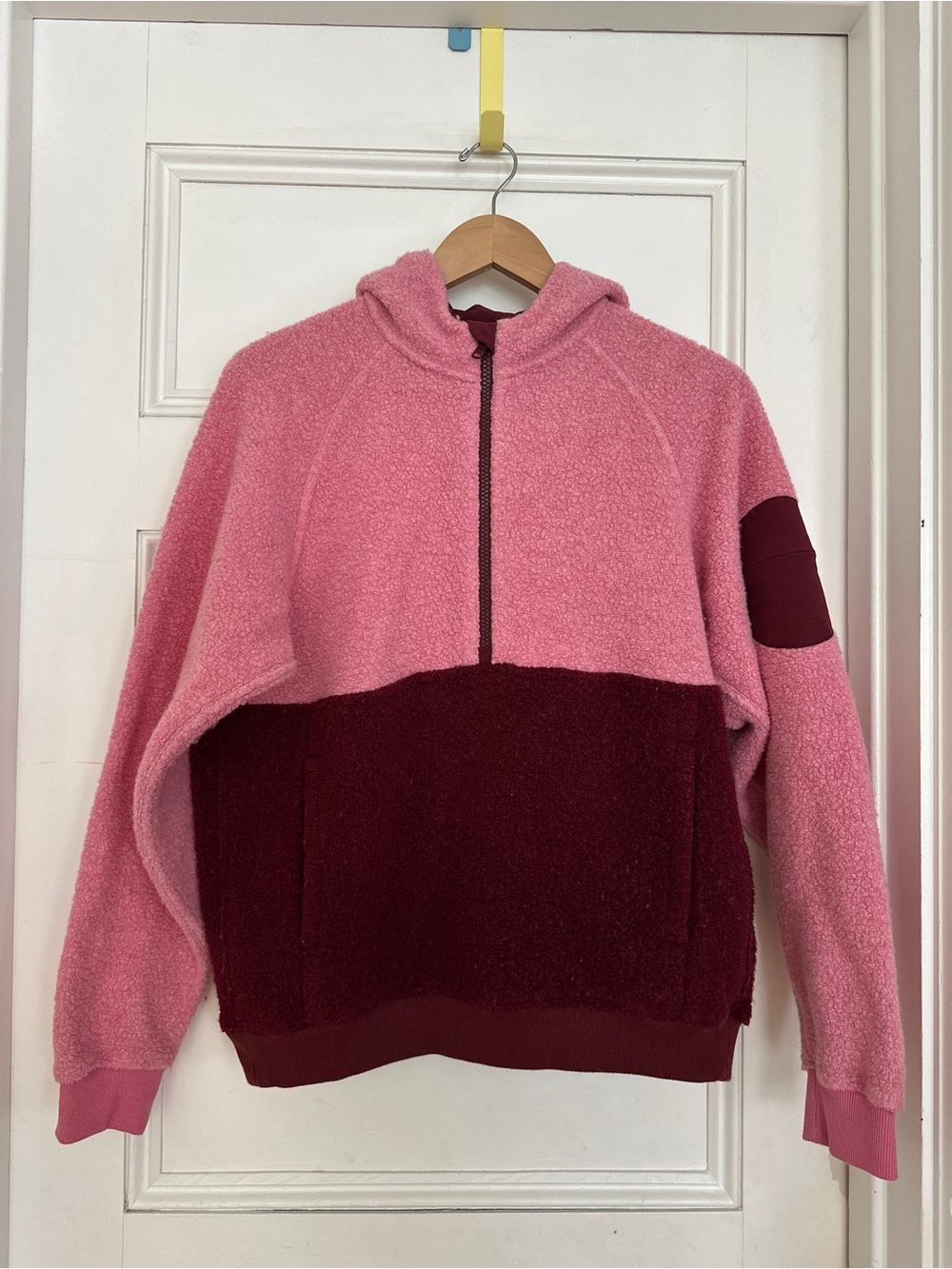 Outdoor Voices Megafleece hoodie, pink and burgundy, size S